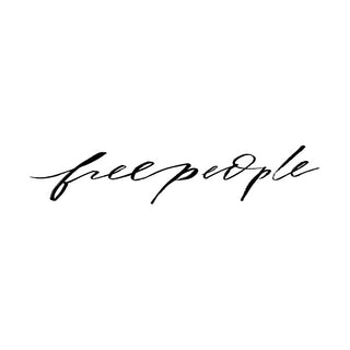 Free People logo with whimsical, cursive text, representing a brand that melds feminine, courageous, and spirited fashion, curating eclectic and cozy styles for the adventurous and boldly expressive woman.