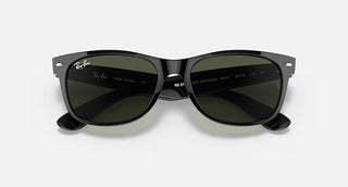 Ray-Ban New Wayfarer Classic sunglasses in polished black with green G-15 lenses and nylon frame.