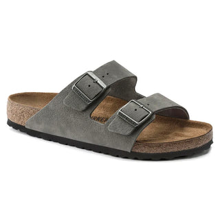 Birkenstock Arizona sandal in Desert Buck/Whale Gray with contoured footbed and adjustable straps.