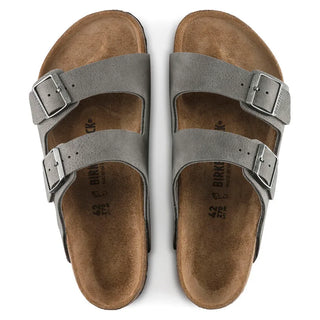Birkenstock Arizona sandal in Desert Buck/Whale Gray with contoured footbed and adjustable straps.