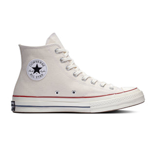 Converse Chuck 70 Canvas High Top Shoes in Parchment/Garnet/Egret colorway.