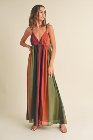 Miou Muse Flowing chiffon long dress with vibrant tie-dye print, model wearing size S.