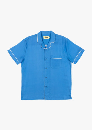 Blue Poolside Retro Buttonup by Duvin Design, short sleeve, relaxed fit, tencel-linen blend.