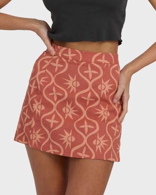 Billabong Wave Washed Printed Skirt in dark coral with front notch and body-skimming cotton-linen fit.