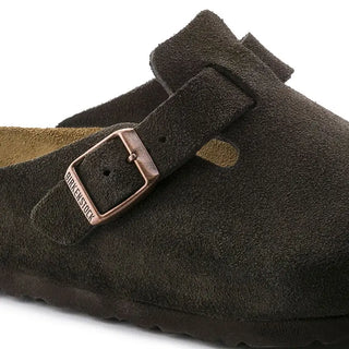 Elegant Boston Birkenstock clogs with velvety suede and supportive soft footbed.