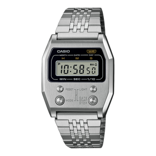 Casio A1100D-1 retro-inspired full-metal watch with front-button design, metal bracelet, and LED backlight.