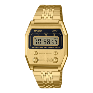 Casio A1100G-5VT retro-inspired full-metal watch with front-button design, metal bracelet, and LED backlight.