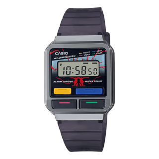 Casio Stranger Things watch with 1980s design, LED demogorgon effect, and special packaging.