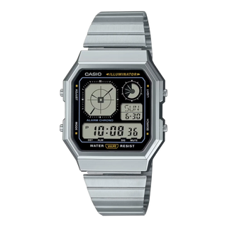 CASIO digital watch with analog-style face and chrome-plated finish.