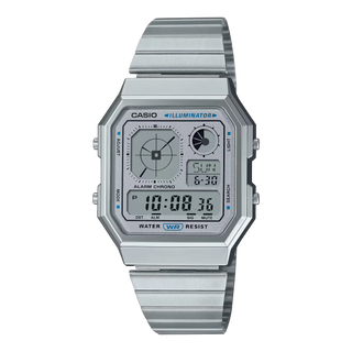 CASIO silver digital watch with analog-style display and retro tech features.