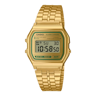 CASIO Vintage A158WEGV-9A digital watch with gold-tone case, green accents, LED backlight, stopwatch, and alarm functions.