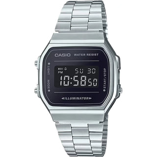 Casio Vintage A168WEM-1VT watch in silver with mirror finish, stopwatch, alarm, EL backlight, and water resistance.