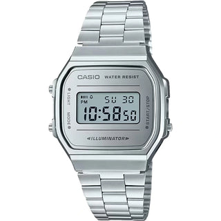 Casio Vintage A168WEM-7VT silver watch with mirror face, EL backlight, stopwatch, alarm, and water resistance.