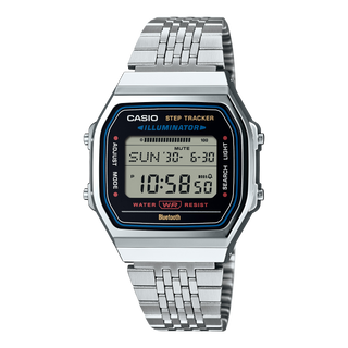 Casio ABL-100WE-1A with metal band, step tracker, and Bluetooth® connectivity for health monitoring.