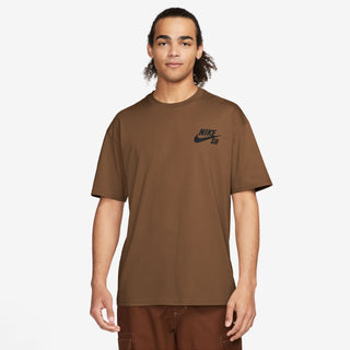 Nike SB Logo Skate Tee Mosswood Brown with soft jersey fabric, loose fit design, ribbed neck, and classic chest logo.
