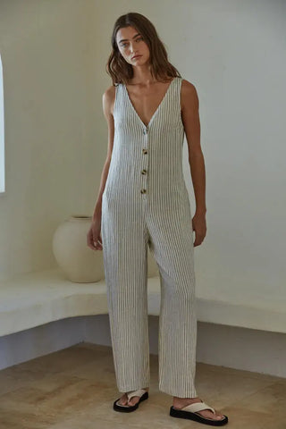 Elegant By Together Lindsey Jumpsuit in woven fabric, V-neck design, viscose and linen blend, available at Drift House.