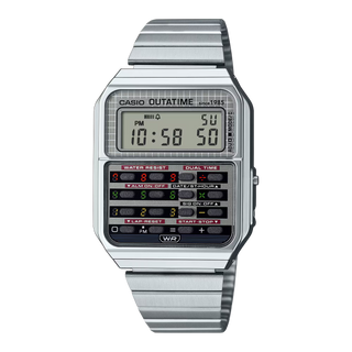 Casio Vintage CA500WEBF-1A Back to the Future edition watch with calculator design, silver case, and DeLorean-inspired detailing.