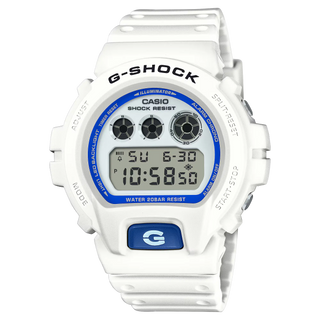 G-SHOCK DW-6900HDS-7 in white with glowing blue face and marine-inspired details.
