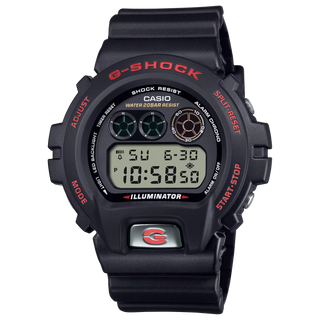 G-SHOCK DW6900TR-1 black watch with metal front button and 30th anniversary design.
