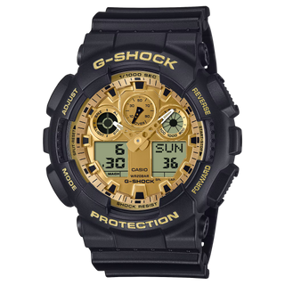G-Shock GA100GGB-1A9 watch in black with gold accents and glossy finish.