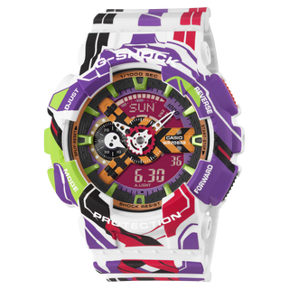 G-Shock GA110EVA307A Evangelion watch with EVA Unit-01 detailing, Spear of Longinus design, and 30th anniversary collaboration artwork.