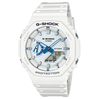 G-Shock Casio watch with white strap and blue accents on a white background