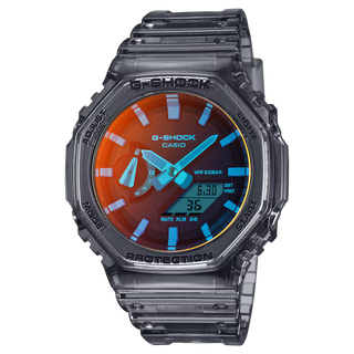 GA-2100TLS-8A G-Shock watch in translucent grey and orange with iridescent glass and durable shock-resistant construction.