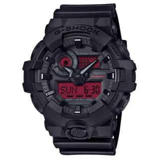 Black Casio G-Shock watch with digital display on a white background