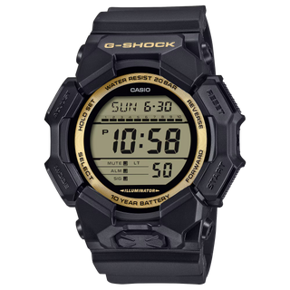 G-Shock GD010GB-1A9 black watch with gold LCD perimeter and glossy finish.