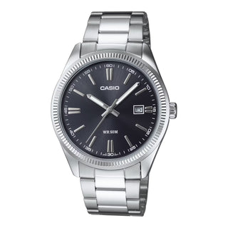 Casio MTP-1302D-1A1V watch with stainless steel band, black dial, luminous hands, date display, and 50-meter water resistance.