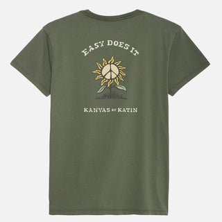 Clover green tee with 60s-inspired sunflower graphic and organic cotton.