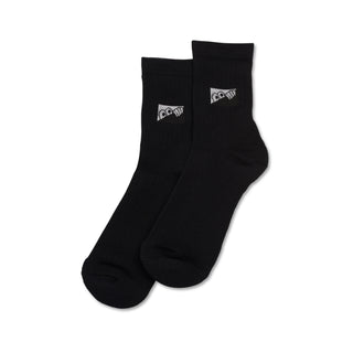 Last Resort Black Heel Tab Dress Socks - 85% cotton, 10% polyester, 5% spandex blend, crew length, jacquard knit branding.