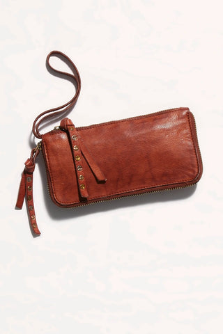 Free People Cognac Distressed Wallet, slim leather design, exposed zipper, studded, inner card slots and pockets.