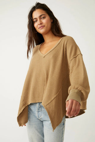 Free People Coraline Thermal in Olive Tapenade, relaxed fit, waffle knit, V-neck, versatile.