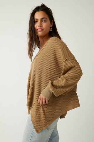 Free People Coraline Thermal in Olive Tapenade, relaxed fit, waffle knit, V-neck, versatile.