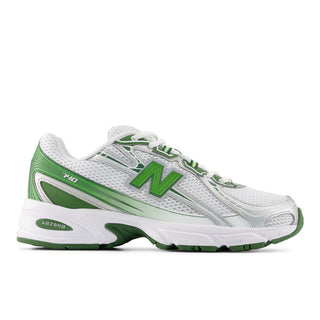 New Balance 740 in White/Alpine Green with mesh upper, ABZORB cushioning, and reflective accents.
