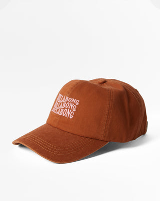 Billabong Dad Cap, cotton twill, fitted, toffee color, curved brim, adjustable metal snapback, embroidered.