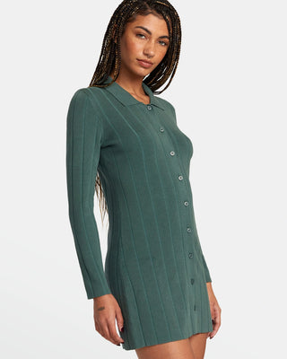 RVCA Women's Meri Jumper Dress with collar neck, button-front, and long sleeves in a snug fit, showcasing feminine elegance.