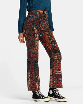 RVCA Women's Groove Corduroy Pants, fitted, high waist, flared leg, button closure, side and back pockets.
