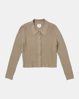 RVCA Fever Cardigan in Dark Khaki, fitted, high neck, long sleeve, button closure.