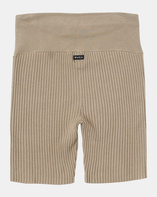 RVCA Fever Knit Bike Shorts in Dark Khaki, fitted, with 2-ply waistband, 16" outseam.