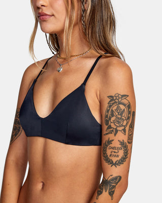 RVCA Solid Crossback Bikini Top in black with crossback design, adjustable straps, and removable cups.