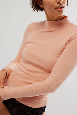 Free People Rickie Top in Smoke Rose, ribbed, long sleeve, mock neck, stretch fit, formfitting.
