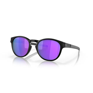 Oakley Latch sunglasses with lightweight O Matter frame, Prizm Violet lenses, and clip hinge for shirt attachment.