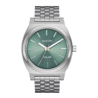 Nixon Time Teller Solar Watch, Silver case, Jade Sunray dial, solar-powered, quick-release bracelet, and water-resistant.