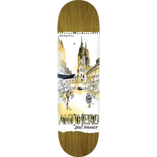 Antihero Chris Pfanner Cityscapes 8.38" skateboard deck with maple construction, pro model design, and urban-inspired artwork.