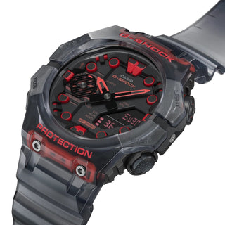 Black and red G-SHOCK GAB001G-1A watch with Bluetooth, shock resistant, water resistant, and smartphone link features.