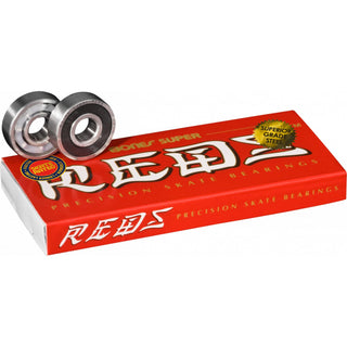 Bones Super Reds Skateboard Bearings, 8 pack, high quality, fast, smooth, durable, with black shield engraving.