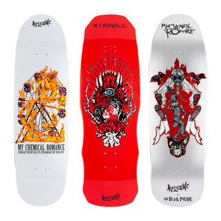 Welcome Skateboards x My Chemical Romance skateboard collection featuring three unique designs inspired by the band's iconic style.