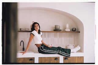 Rhythm Contrast Track Pant in Hunter, oversized trackpant with contrast stripe detail at sides, soft elastic waist with drawcord in a 51% cotton 49% polyester blend